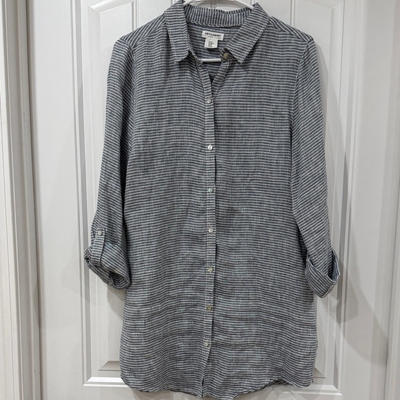 Artisan Ny Tops - EUC Artisan Ny Slate Blue & White Striped Linen Button-Up Tunic